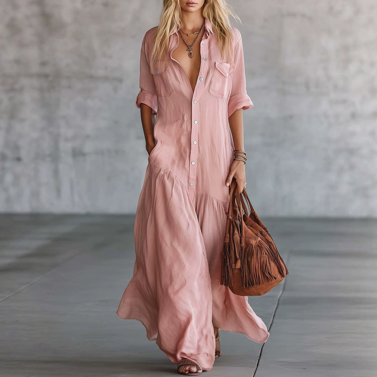 Casual Loose Linen Shirt Dress - Женское летнее платье-рубашка макси из хлопка