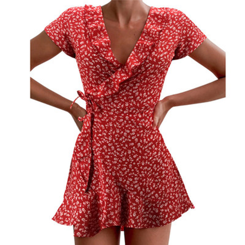 French Vintage Floral Midi Dress - Женское летнее платье-трапеция с V-образным вырезом