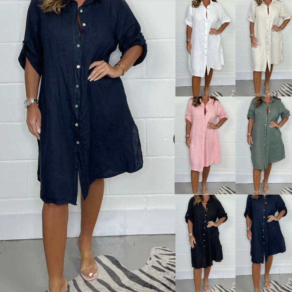 Casual Loose Linen Shirt Dress - Летнее льняное платье-рубашка с рукавами три