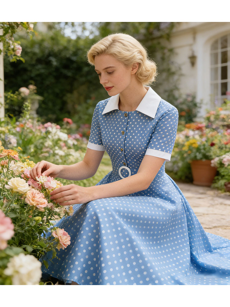 French Vintage Floral Midi Dress - Винтажное женское летнее платье в горошек