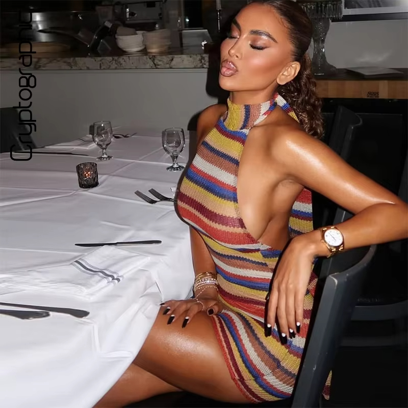 Полосатое вязаное мини-платье  – обзор и цена Y2K Backless Halter Mini Dress