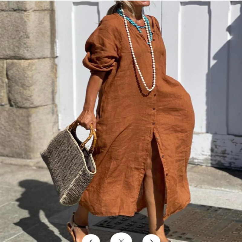 Модное элегантное весеннее пла – обзор и цена Casual Loose Linen Shirt Dress
