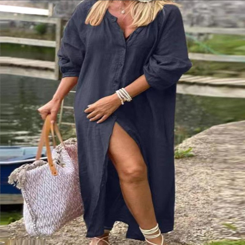 Модное элегантное весеннее пла – обзор и цена Casual Loose Linen Shirt Dress