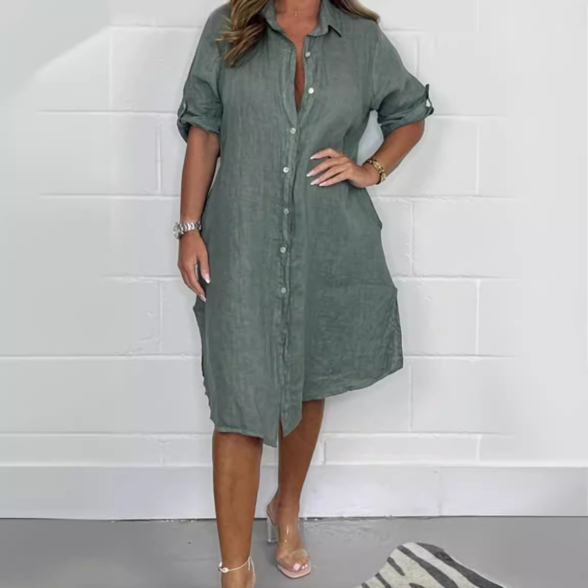 Летнее льняное платье-рубашка  – обзор и цена Casual Loose Linen Shirt Dress