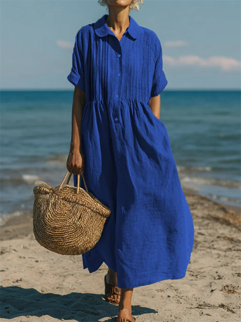 Женское платье миди с отложным – обзор и цена Casual Loose Linen Shirt Dress